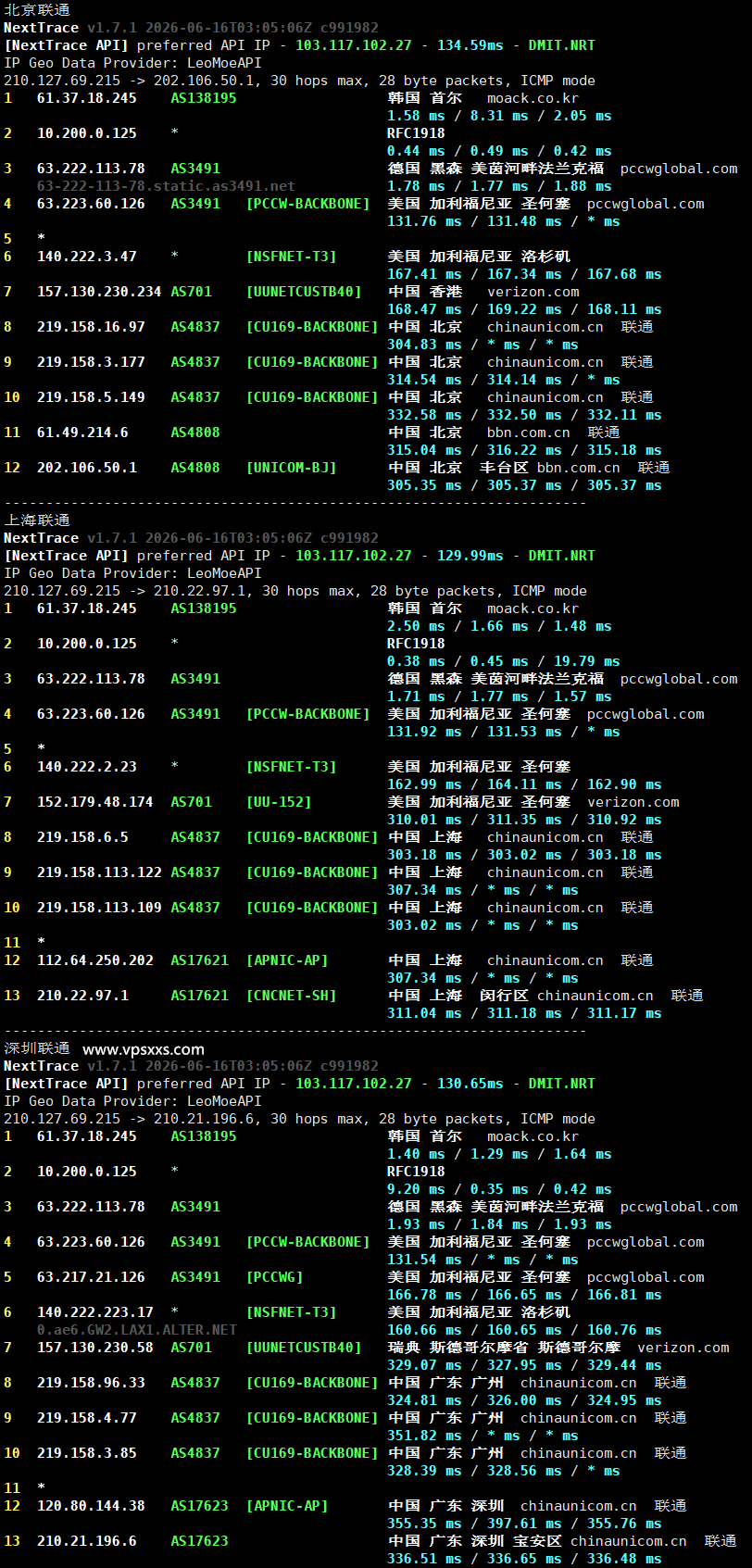 六六云韩国双ISP VPS联通回程路由