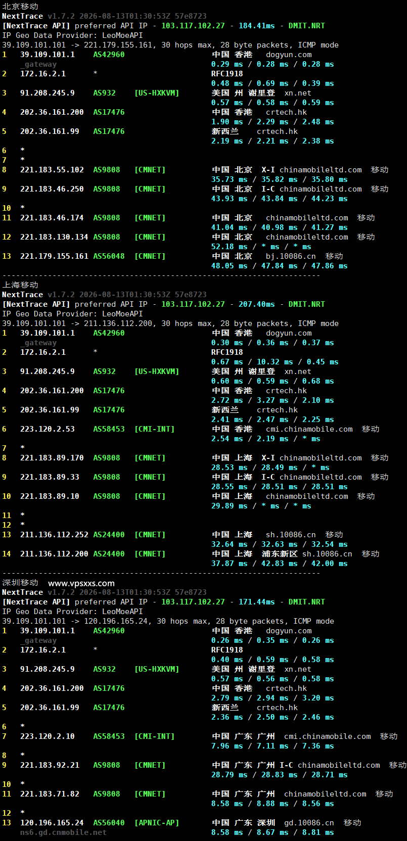 极点云香港CMI VPS移动回程路由