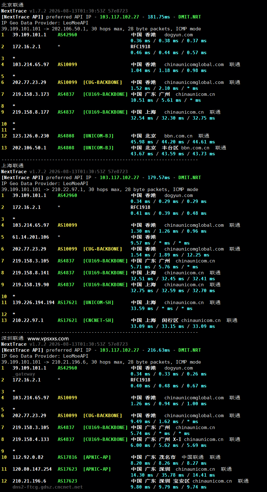 极点云香港CMI VPS联通回程路由