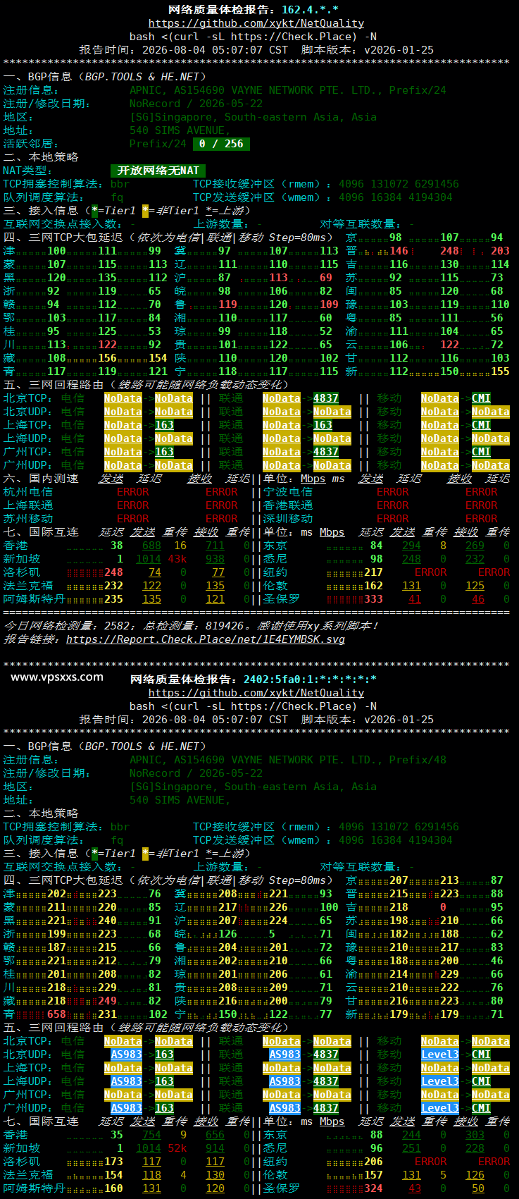 荫云新加坡原生IP VPS网络质量体检报告