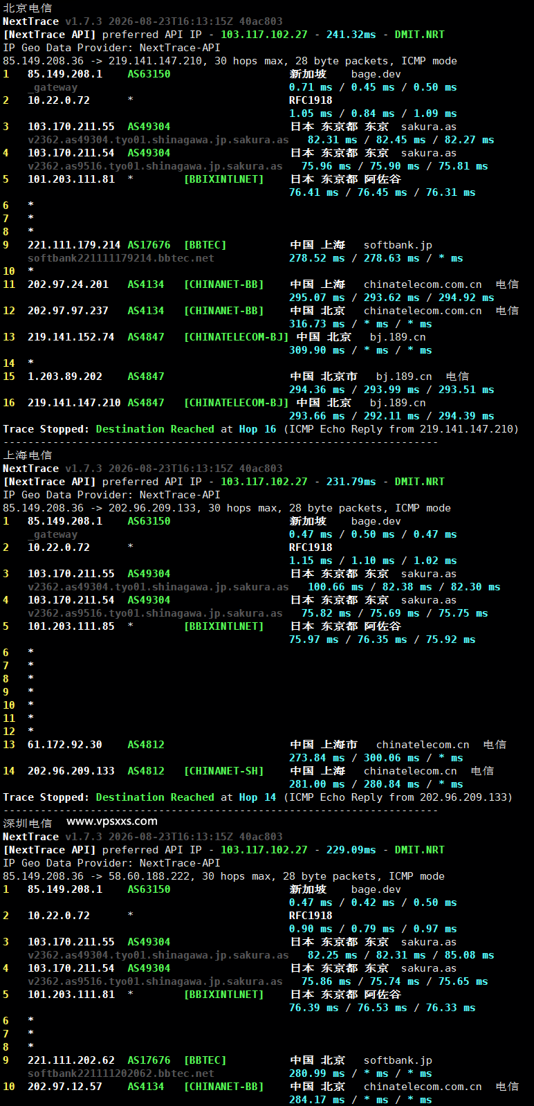 BageVm新加坡VPS电信回程路由