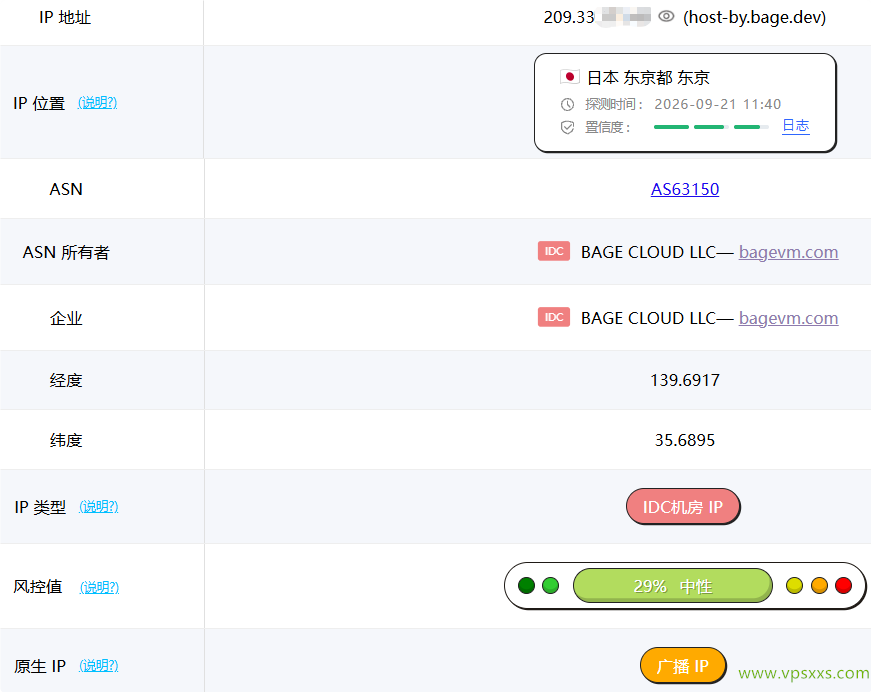 BageVm日本VPS ping0是否家庭IP检测