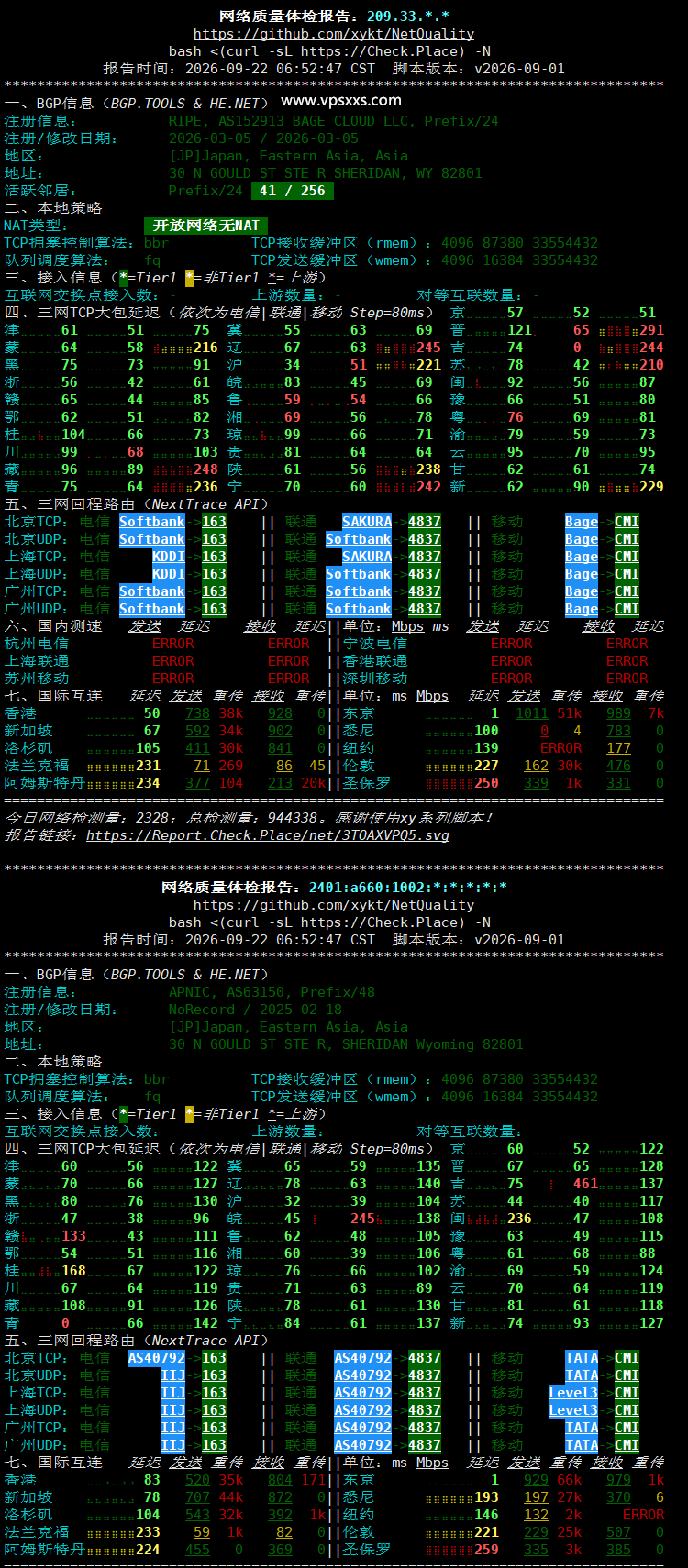 BageVm日本VPS网络质量体检报告