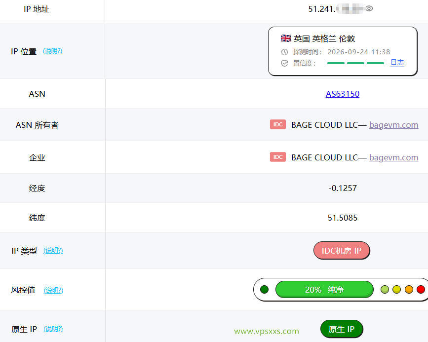 BageVm英国VPS ping0是否家庭IP检测
