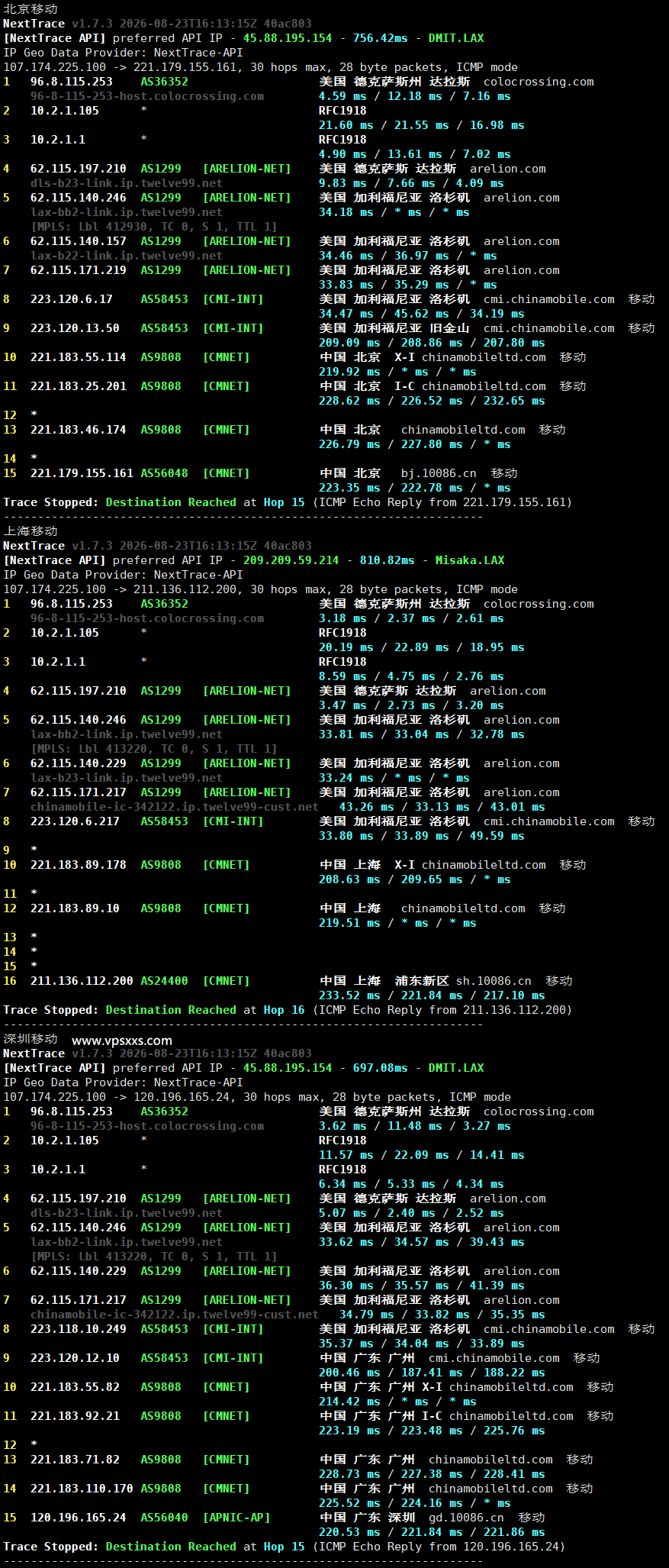 ColoCrossing美国达拉斯VPS移动回程路由