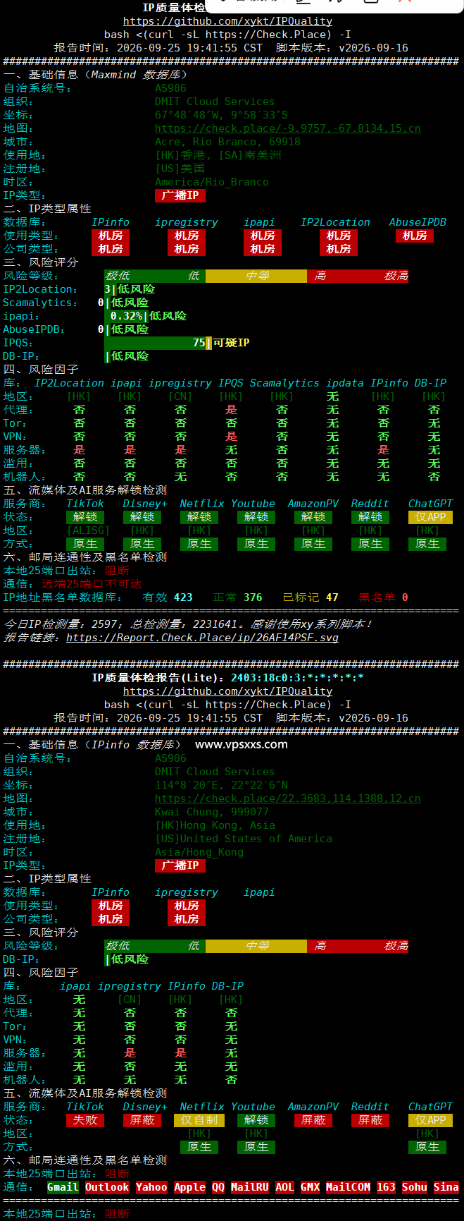 DMIT香港HKG.EB VPS IP质量体检报告