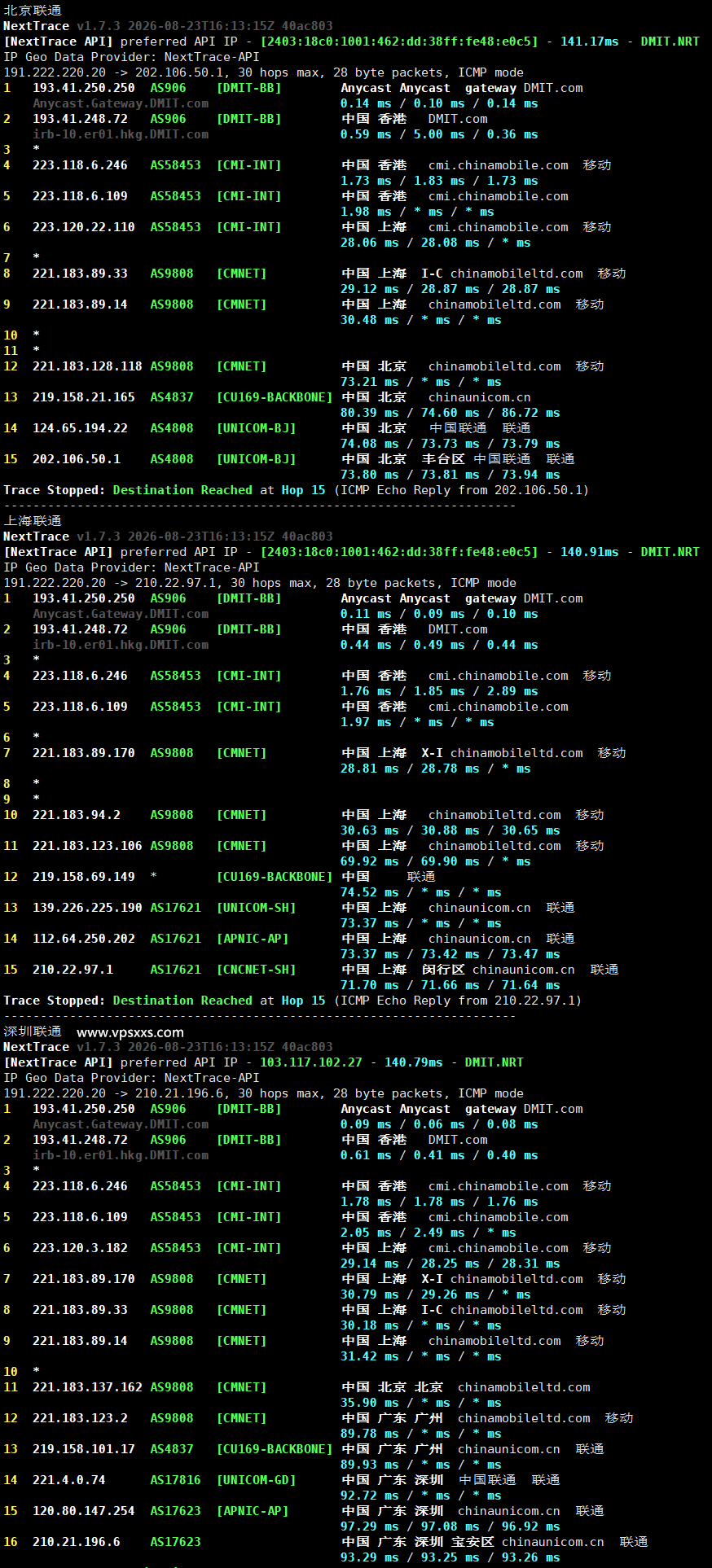 DMIT香港HKG.EB VPS联通回程路由