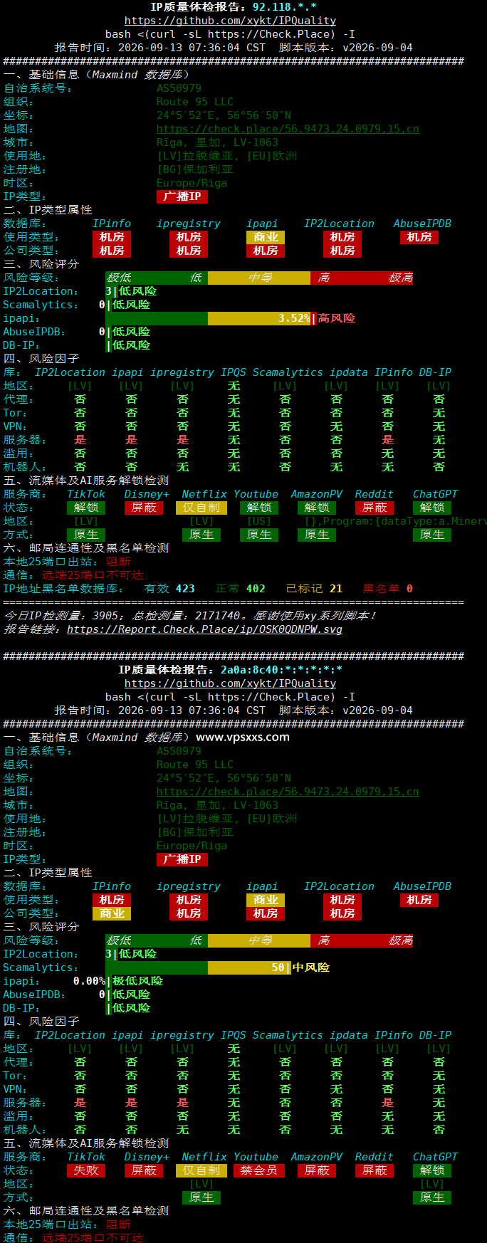 Friendhosting拉脱维亚VPS IP质量体检报告