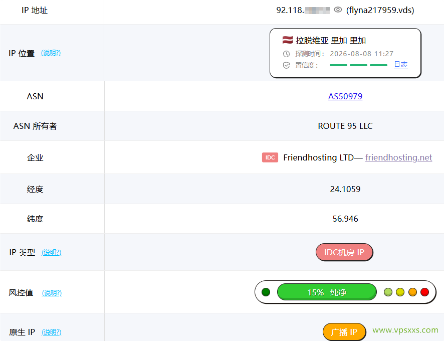 Friendhosting拉脱维亚VPS ping0是否家庭IP检测