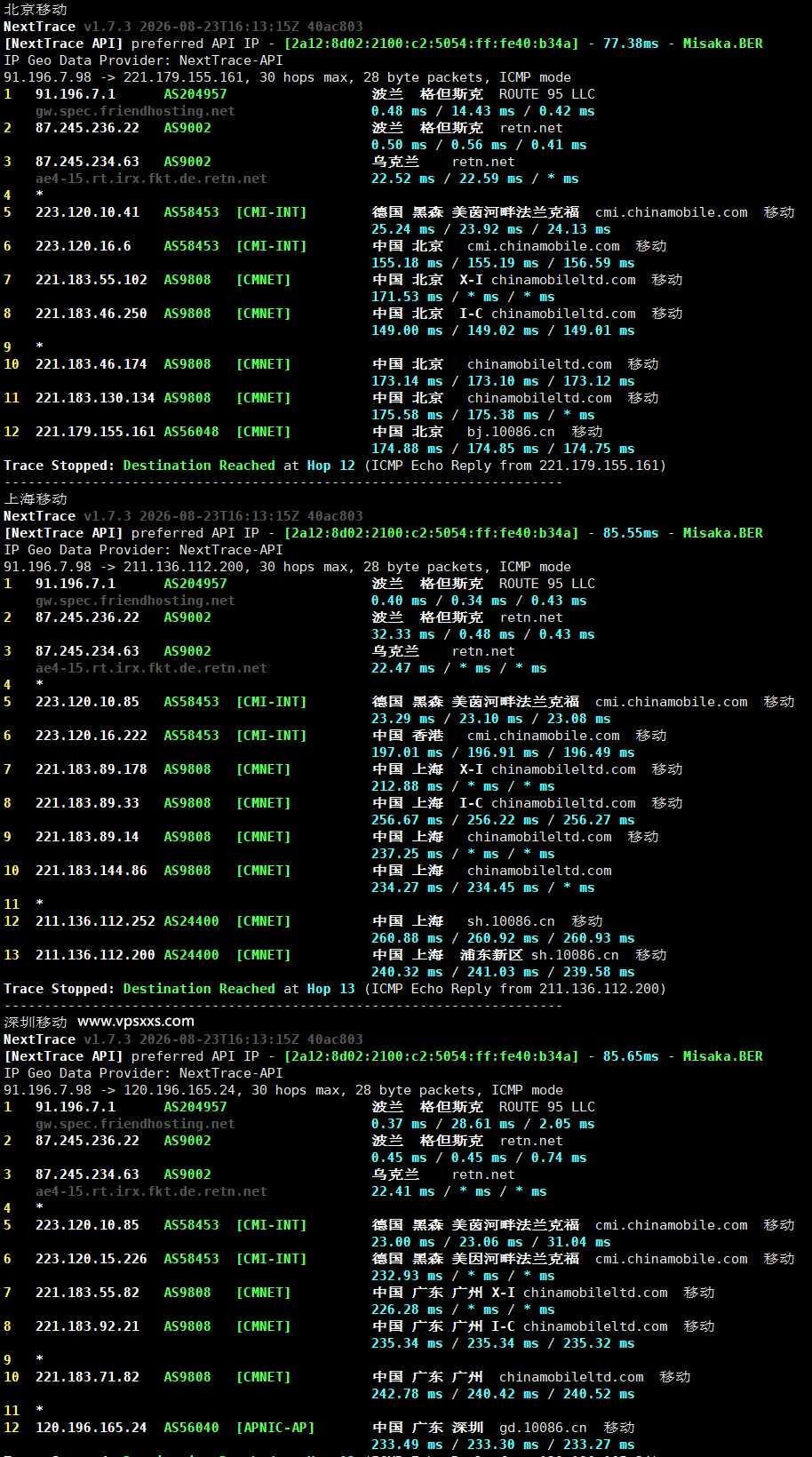 Friendhosting波兰VPS移动回程路由