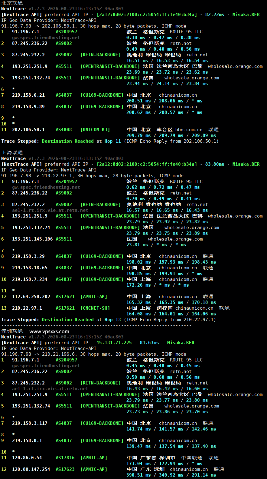 Friendhosting波兰VPS联通回程路由