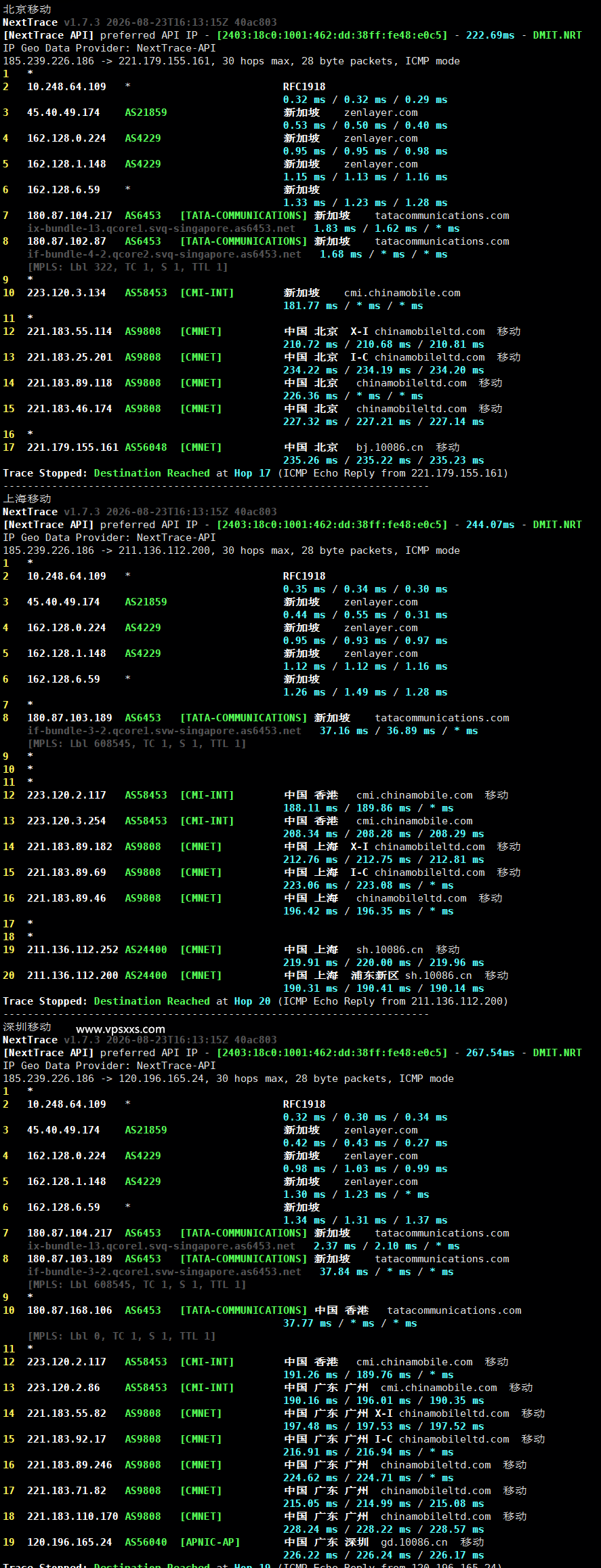 HHost新加坡VPS移动回程路由