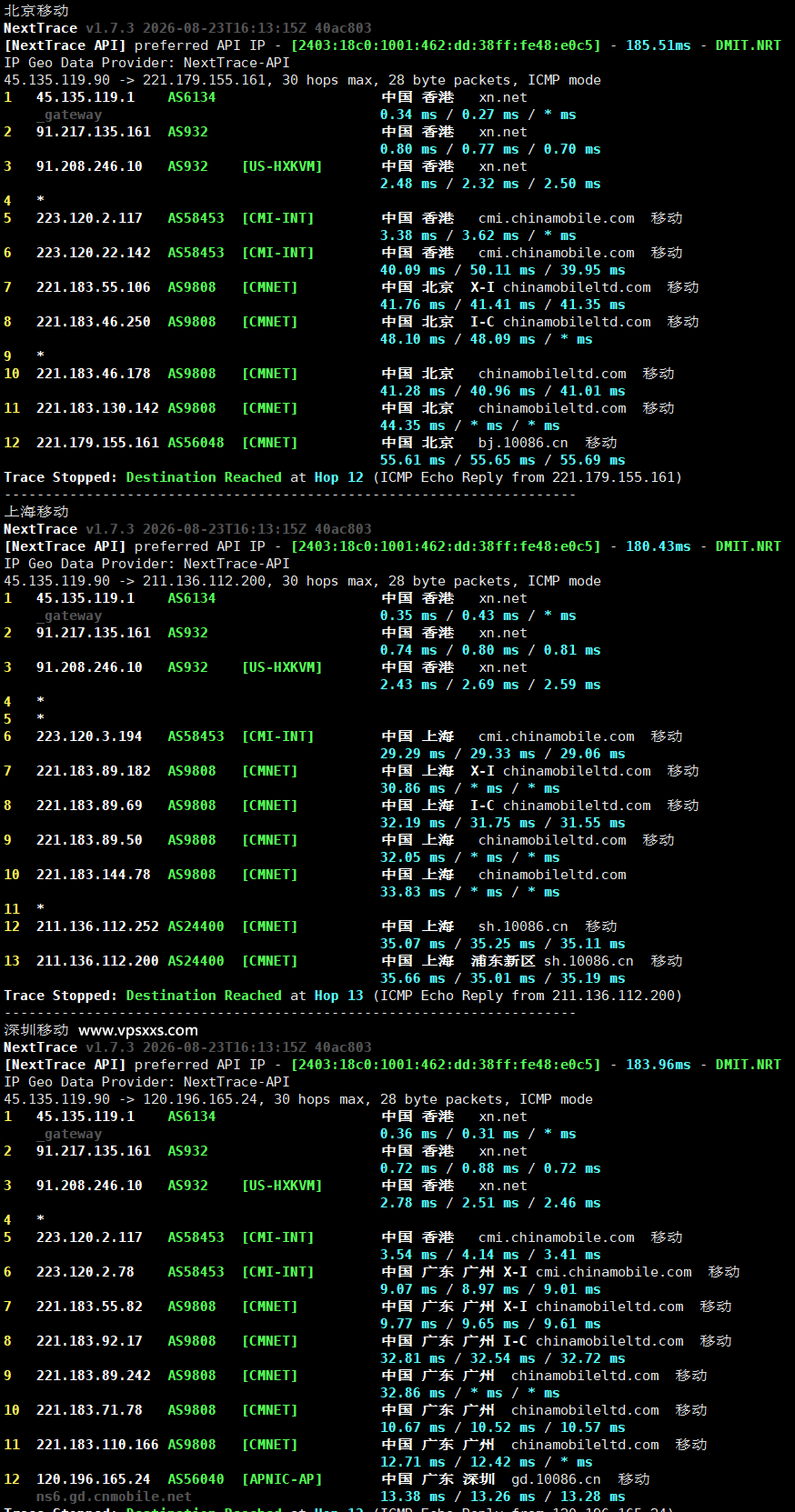 HHost香港BGP VPS移动回程路由