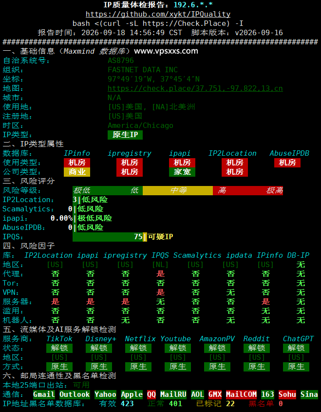 QQG.NET美国CN2 GIA VPS IP质量体检报告