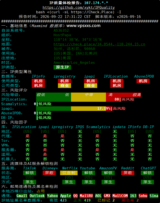 ServerHost美国洛杉矶VPS IP质量体检报告