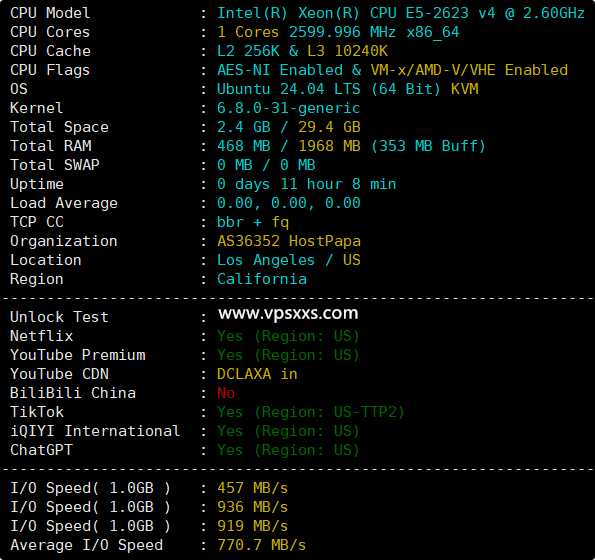 ServerHost美国洛杉矶VPS硬件测试