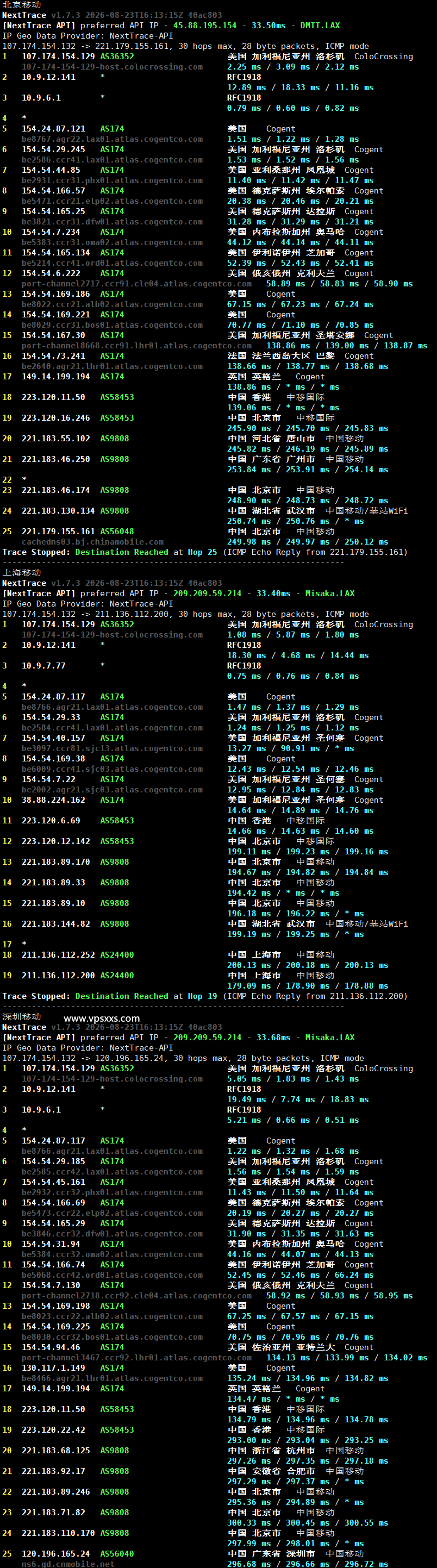 ServerHost美国洛杉矶VPS移动回程路由
