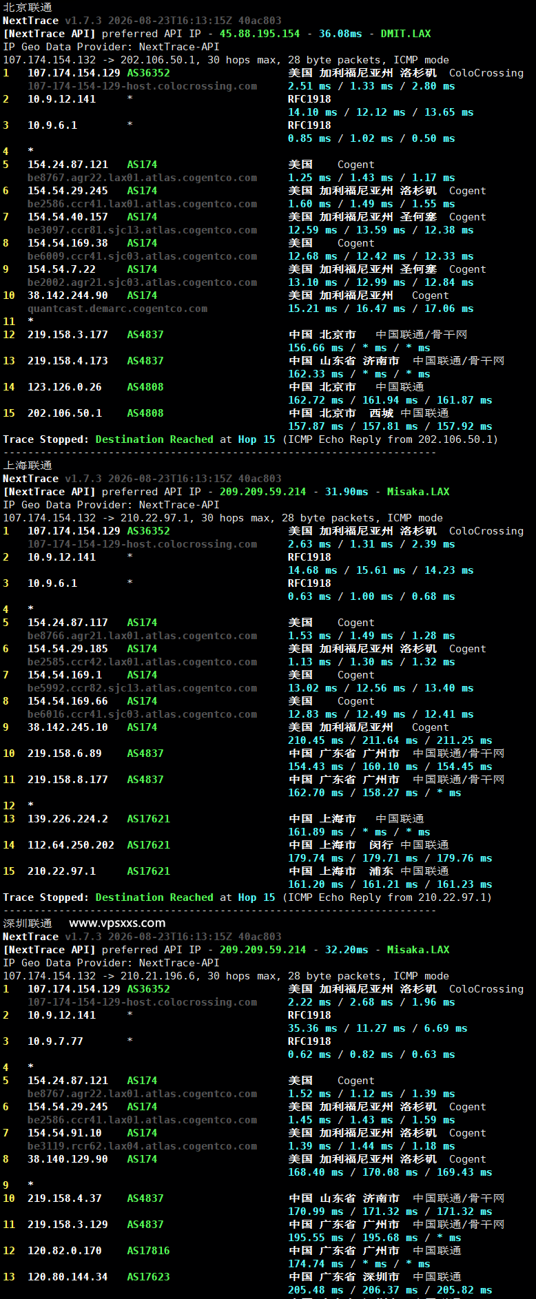 ServerHost美国洛杉矶VPS联通回程路由