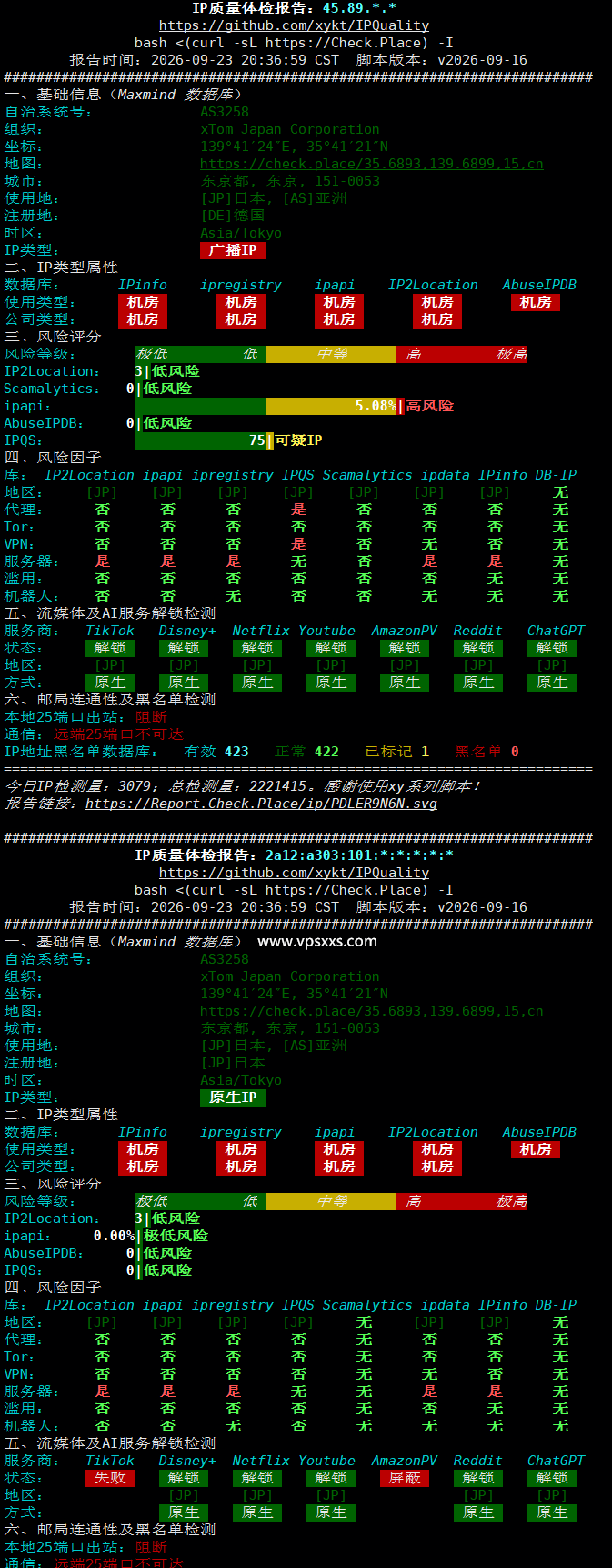 V.PS日本东京Gen2 VPS IP质量体检报告