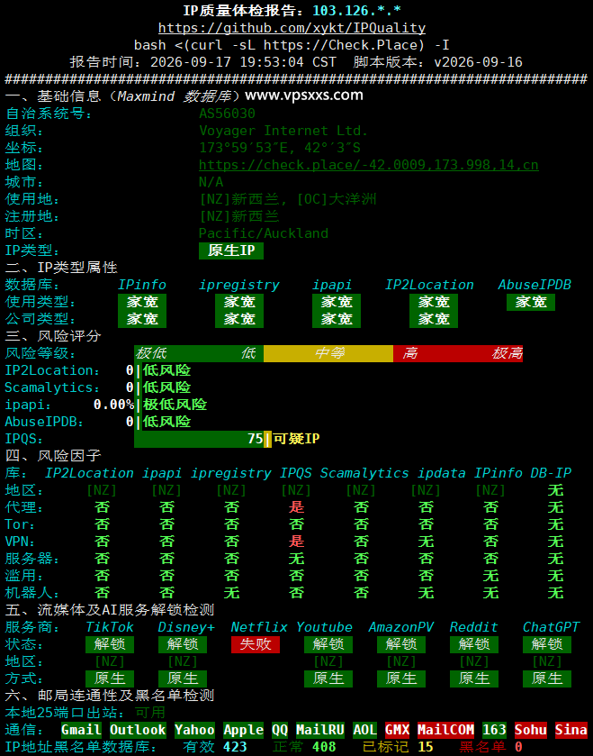 WePC新西兰原生家宽VPS IP质量体检报告