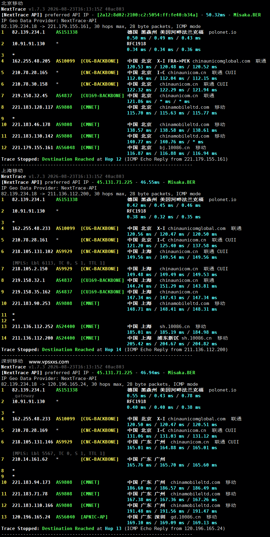 丽萨主机德国9929 VPS移动回程路由