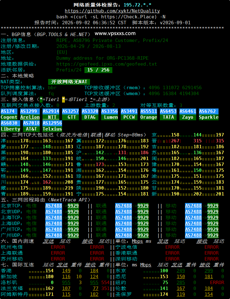 弘速云美国9929 VPS网络质量体检报告