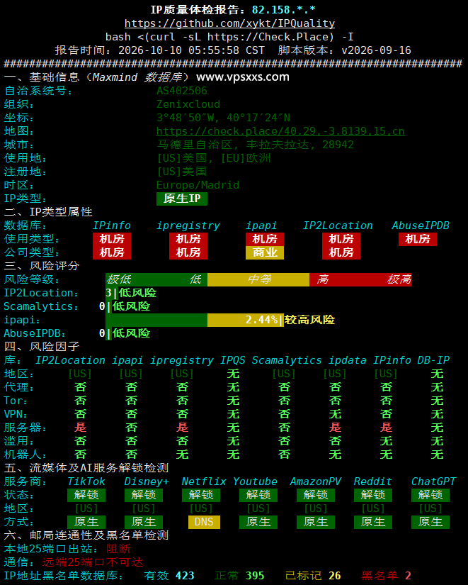 JoysolData美国洛杉矶精品A VPS IP质量体检报告