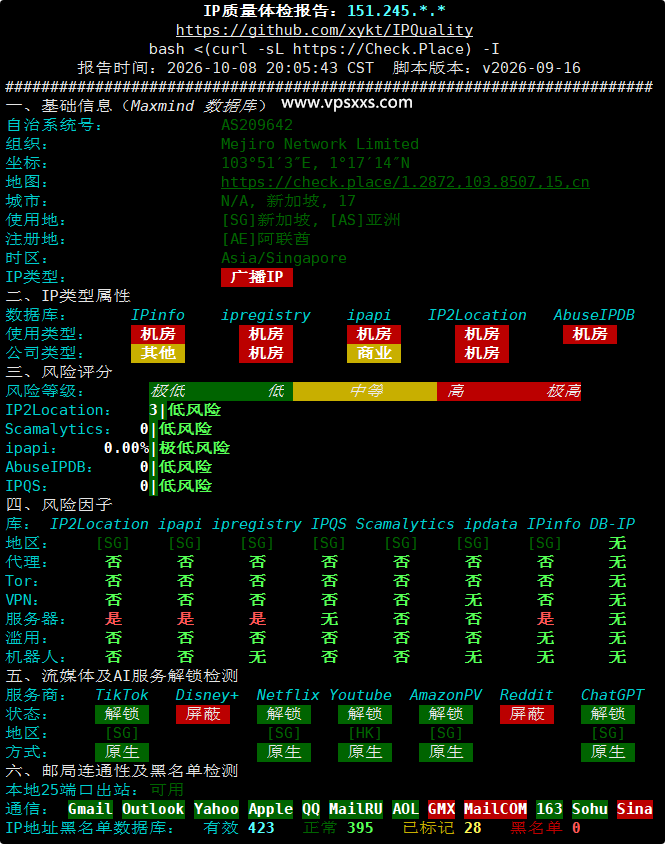 Mejiro Network新加坡VPS IP质量体检报告