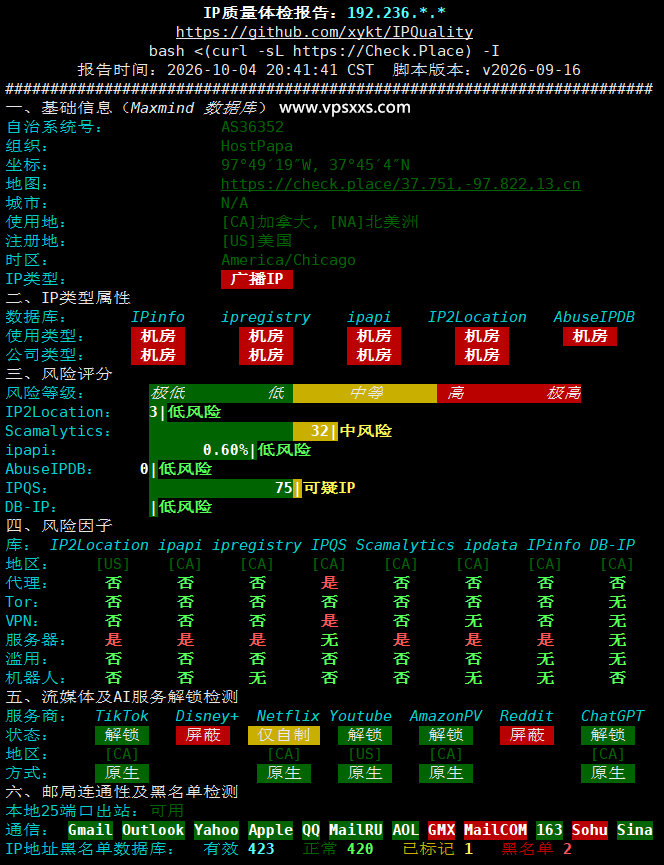 ServerHost加拿大多伦多VPS IP质量体检报告