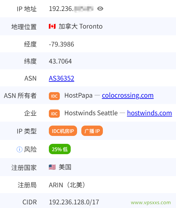 ServerHost加拿大多伦多VPS是否住宅IP检测