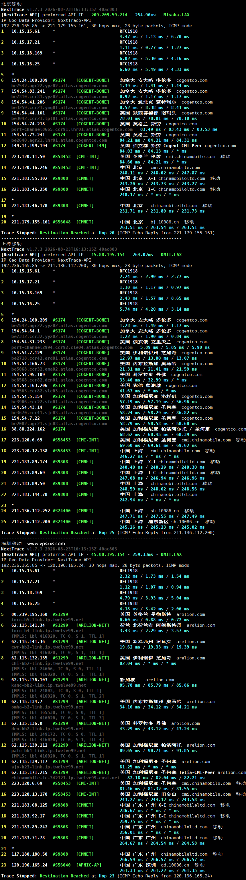 ServerHost加拿大多伦多VPS移动回程路由