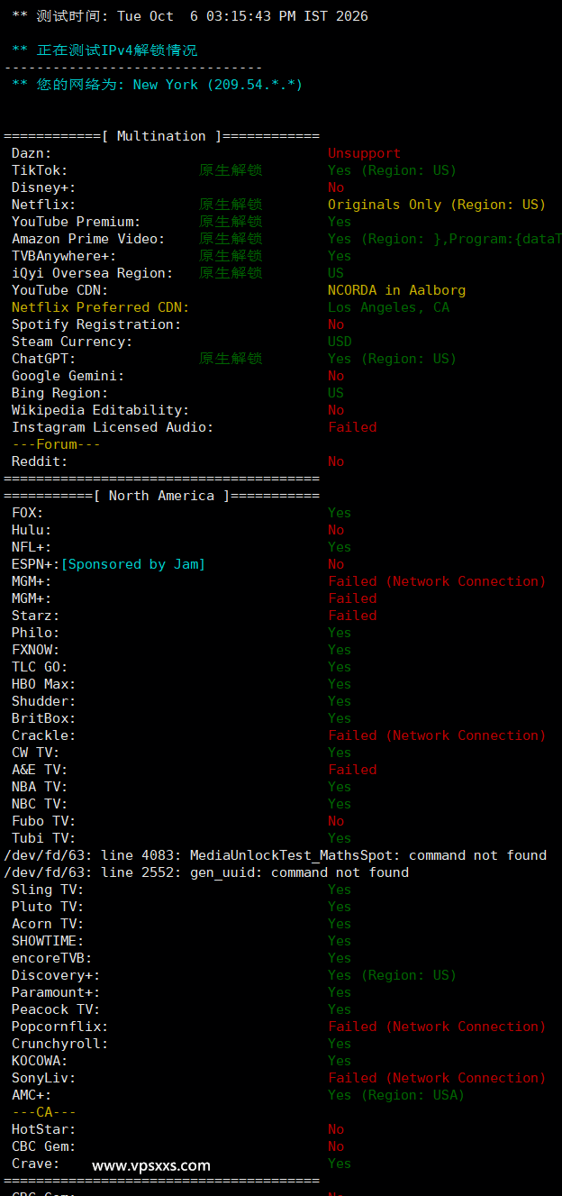 ServerHost美国纽约VPS流媒体解锁能力测试