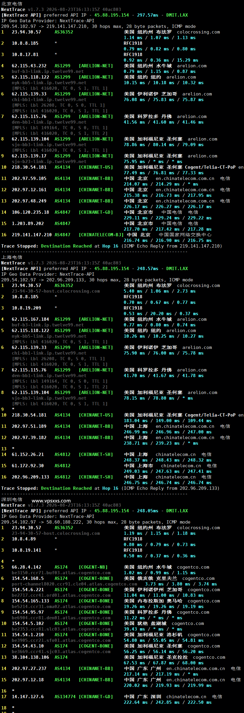 ServerHost美国纽约VPS电信回程路由