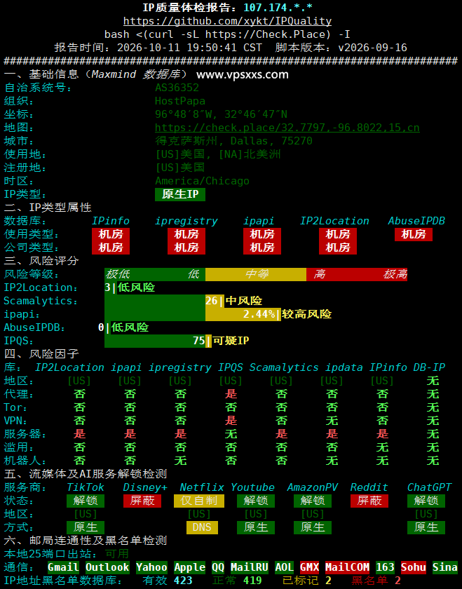ServerHost美国达拉斯VPS IP质量体检报告