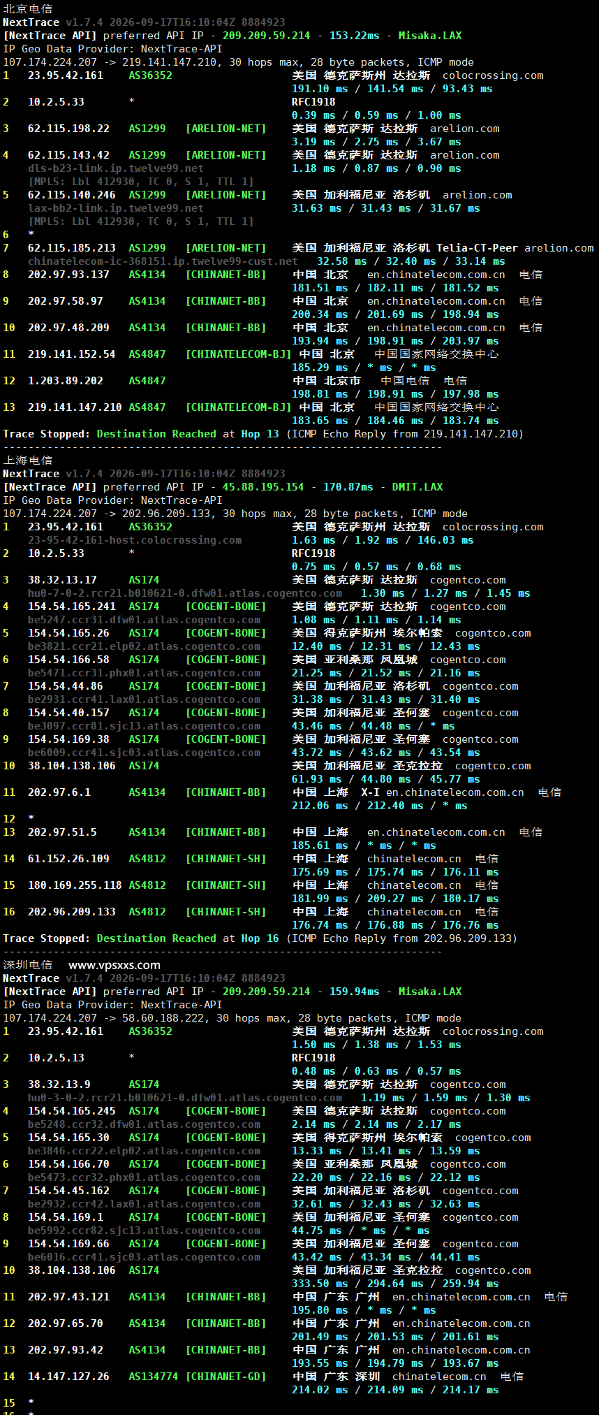 ServerHost美国达拉斯VPS电信回程路由