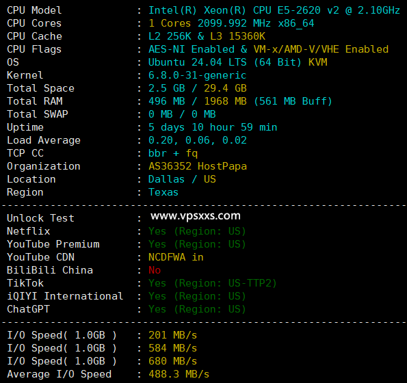 ServerHost美国达拉斯VPS硬件测试