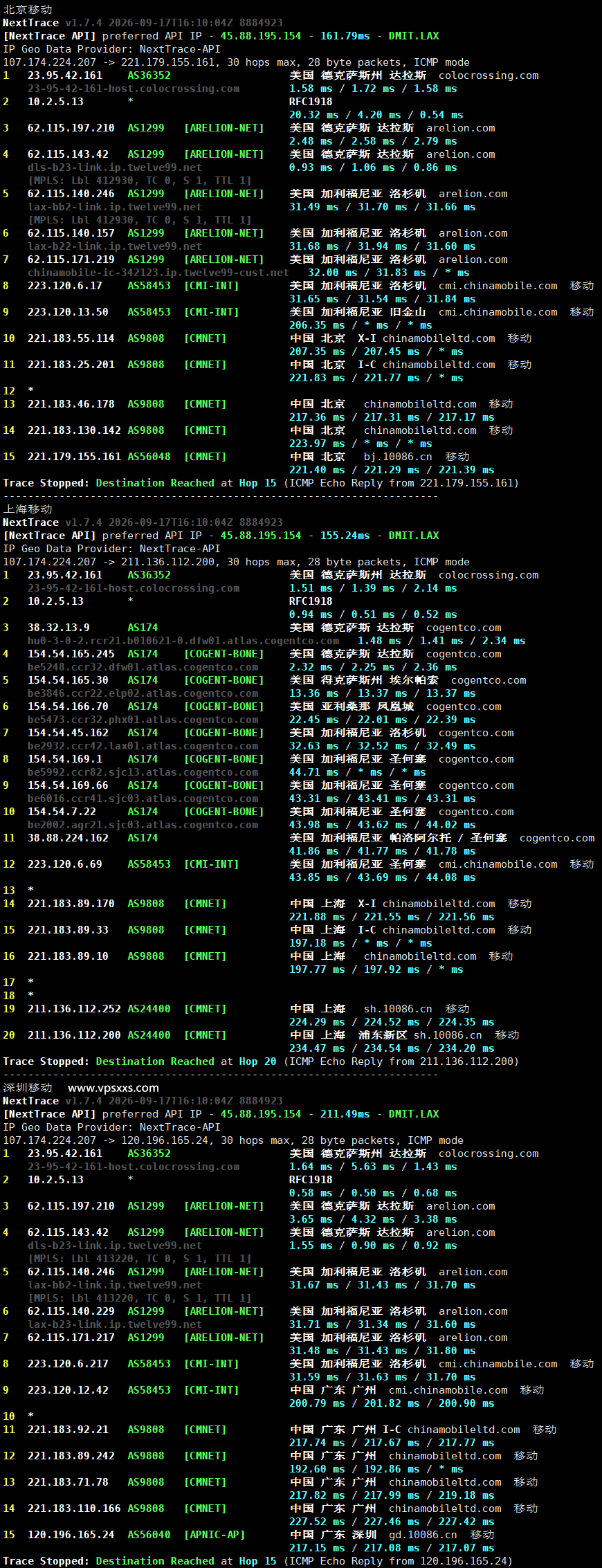 ServerHost美国达拉斯VPS移动回程路由