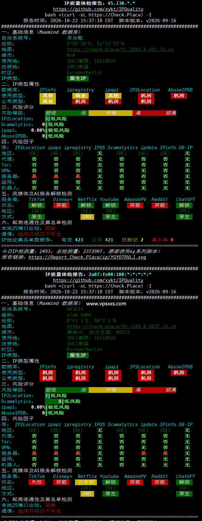 V.PS德国高性能VPS IP质量体检报告