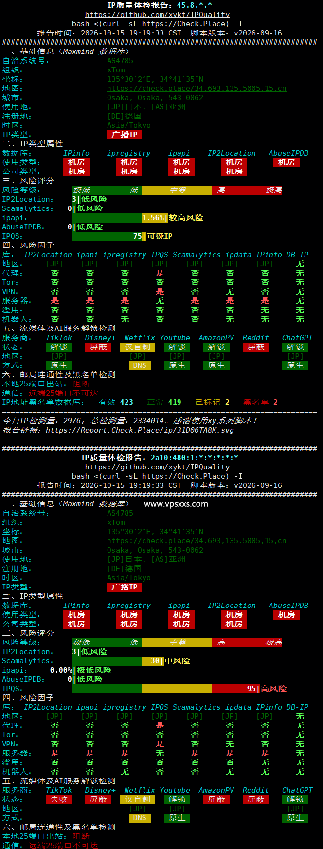 V.PS日本大阪VPS IP质量体检报告