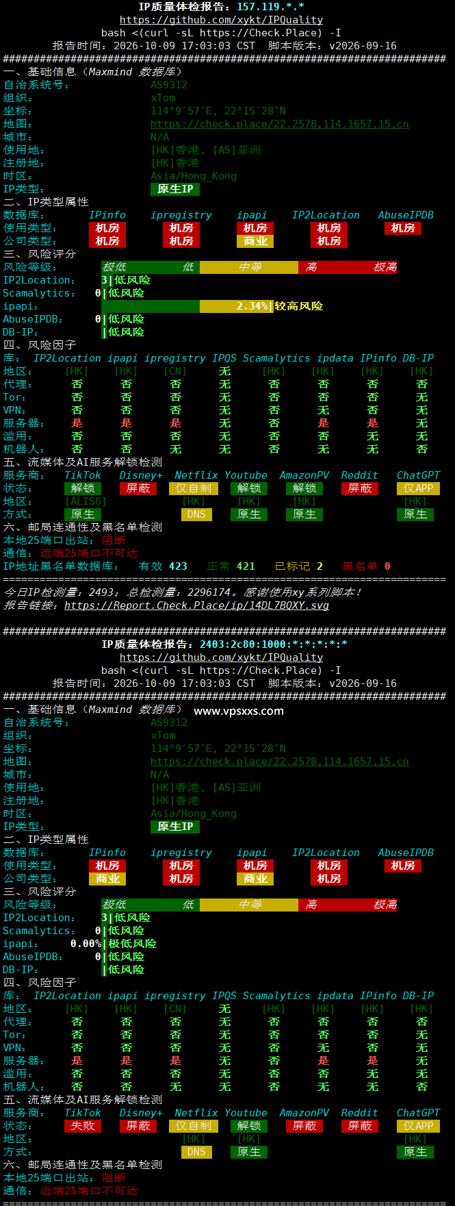 V.PS香港VPS IP质量体检报告