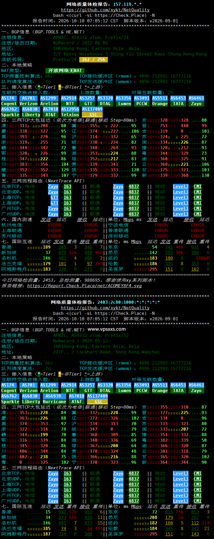 V.PS香港VPS网络质量体检报告