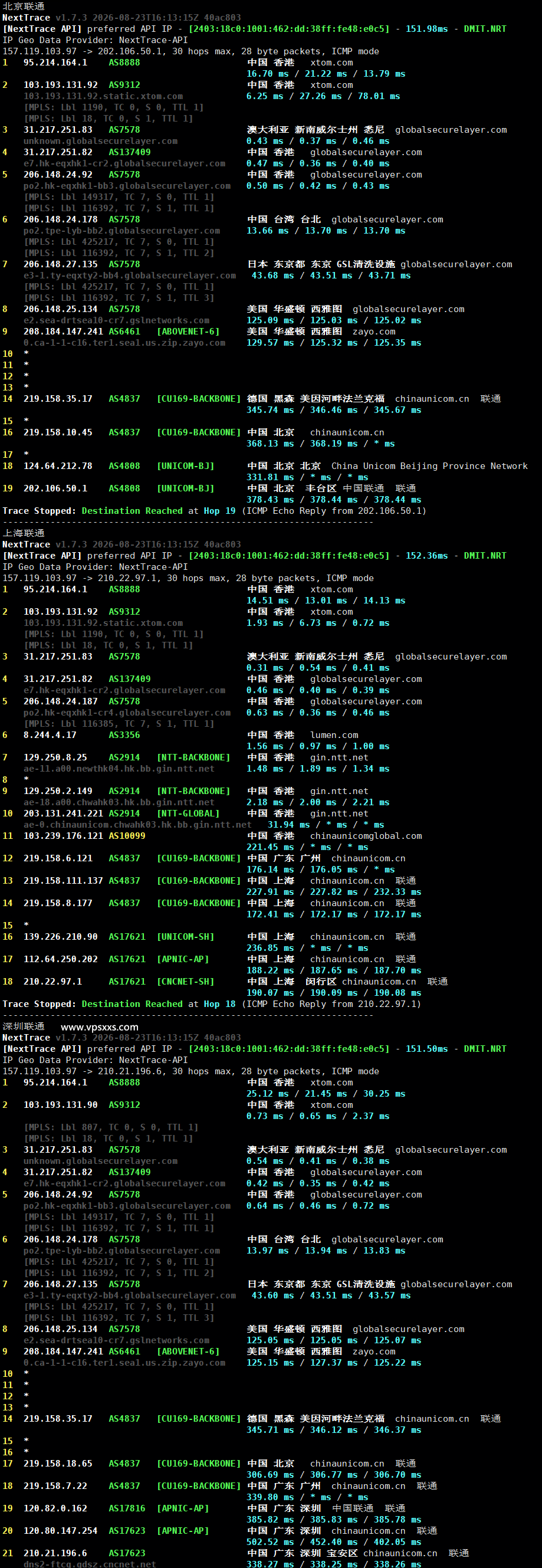 V.PS香港VPS联通回程路由