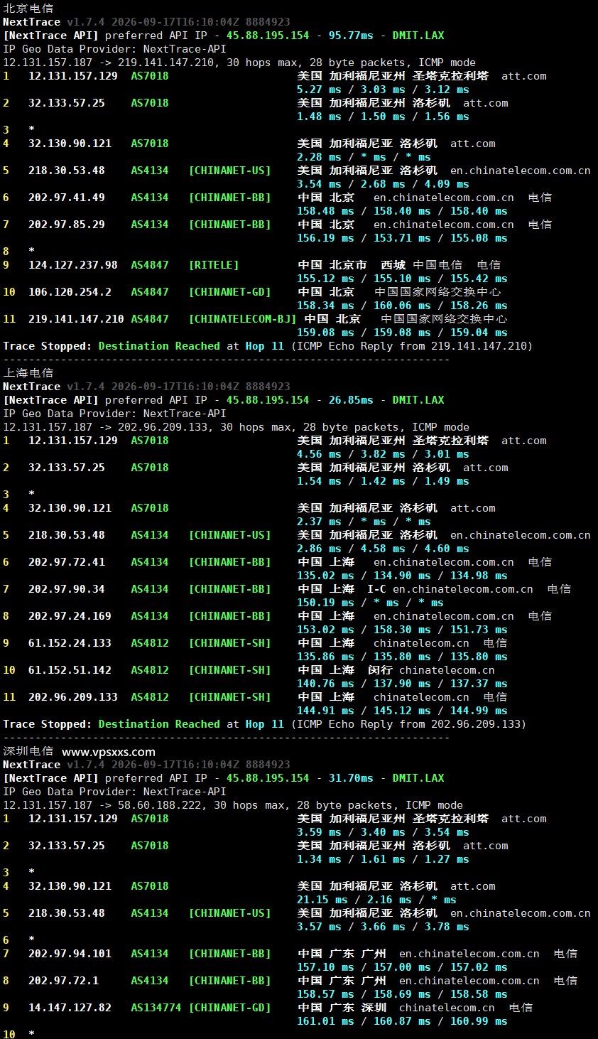 六六云美国ATT VPS电信回程路由